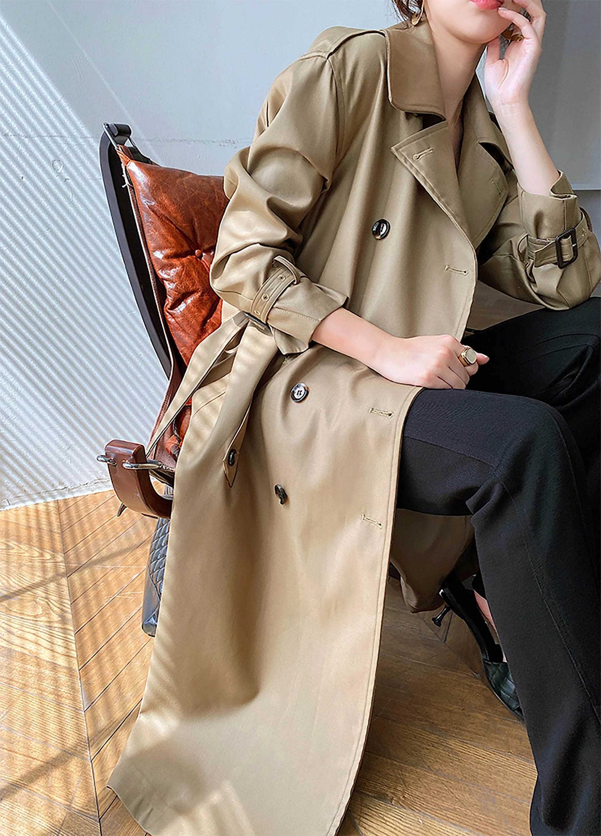 Women's Cotton Blend Windbreaker Belted Double Breasted Trench Coat,Fall Coat Long Raincoat,Green Duster coat Khaki Tench Coat Outerwear