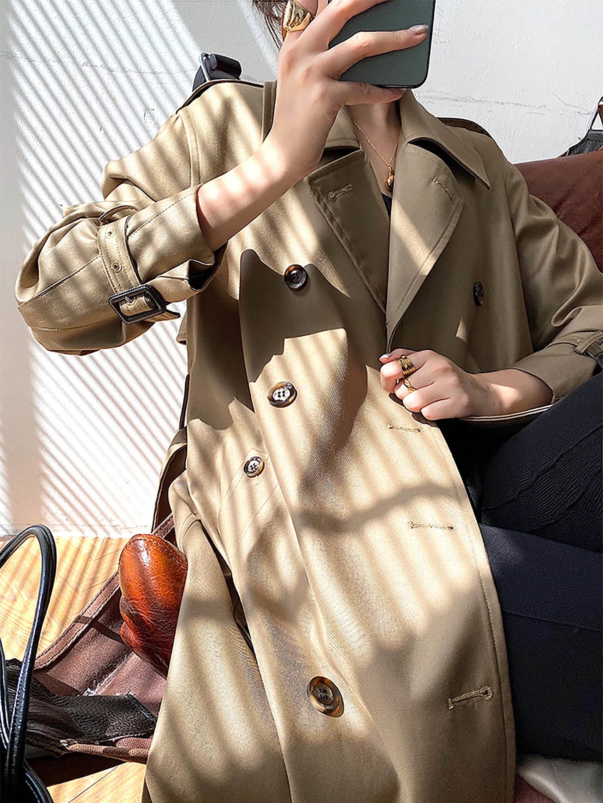 Women's Cotton Blend Windbreaker Belted Double Breasted Trench Coat,Fall Coat Long Raincoat,Green Duster coat Khaki Tench Coat Outerwear